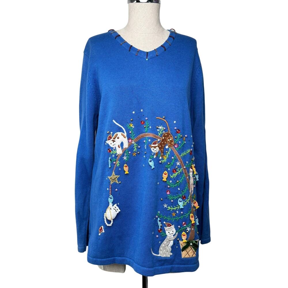 Quacker Factory Christmas Cat Sweater Blue 3D Emblellishment Beaded Medium